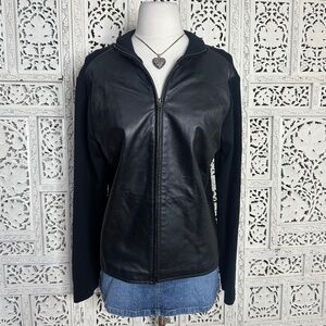 Ilyse Hart Ltd Black Leather & Ribbed Fabric Full Zip Up Jacket Sz Large